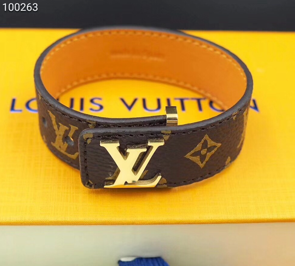 Louis Vuitton Monogram Leather Bracelet with Gold LV Buckle