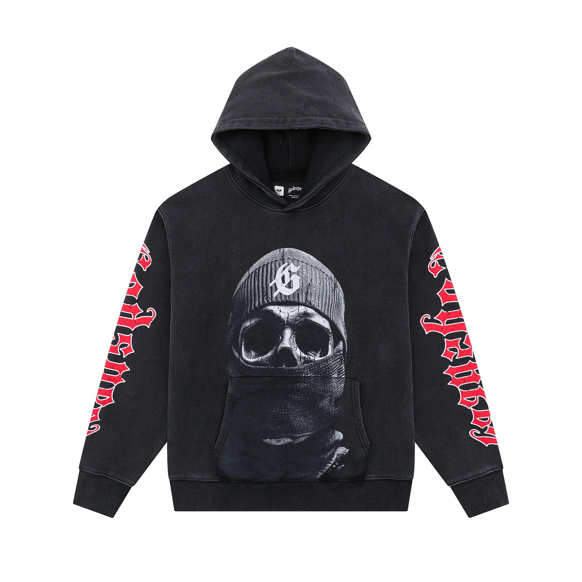 Gothic Skull Hoodie with Red Gothic Lettering on Sleeves