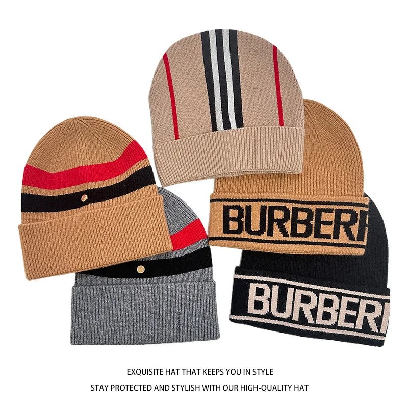 Burberry Knit Beanie Hat with Logo and Stripe Design