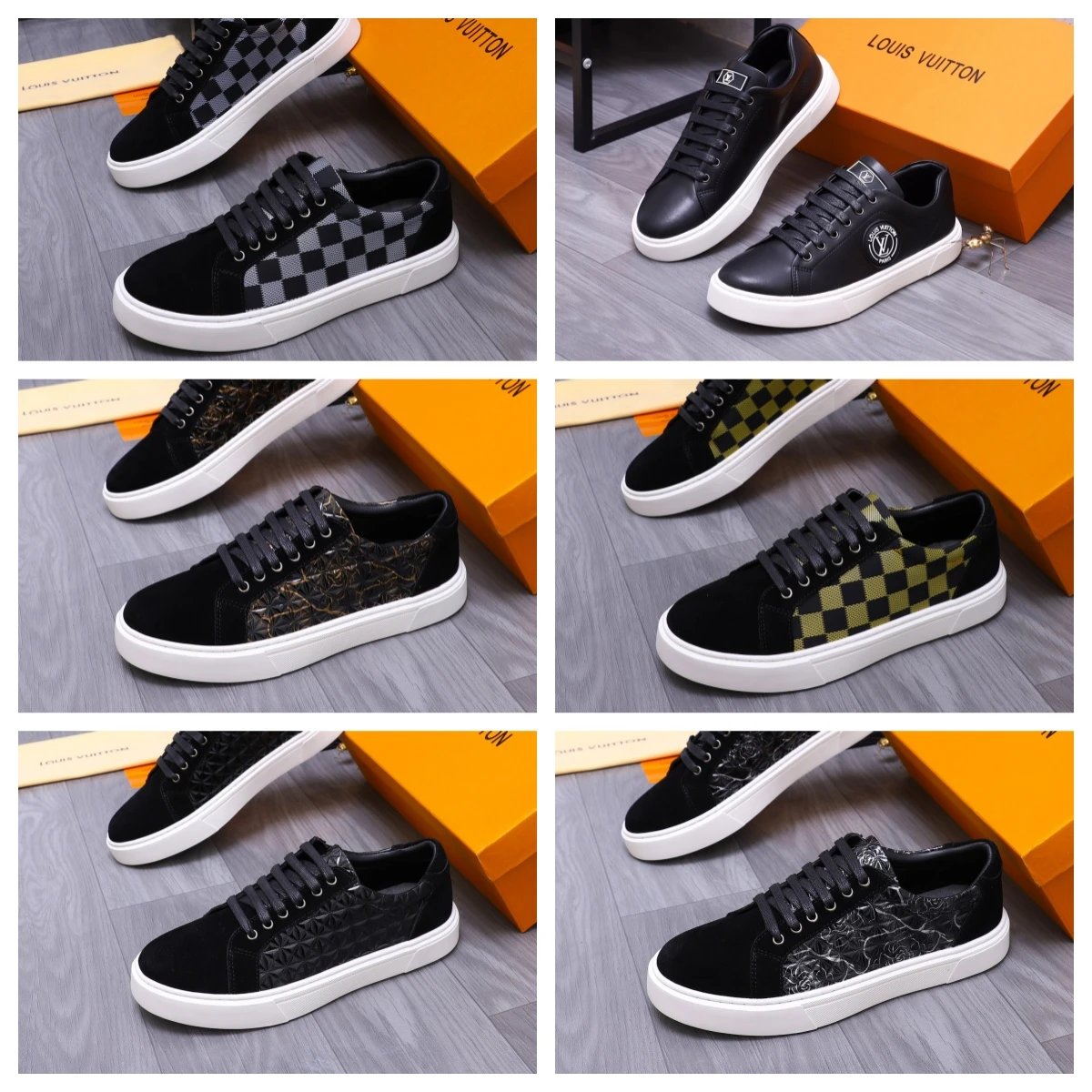 Louis Vuitton Men's Fashion Sneakers Black Checkerboard Leather Shoes