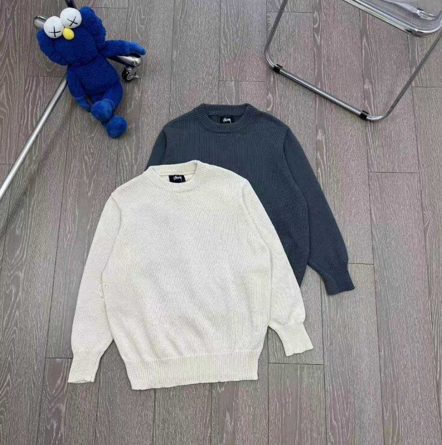 Stussy Knit Crewneck Sweater in Cream and Navy Blue
