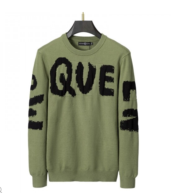 Olive Green Knit Sweater with Bold Black Lettering