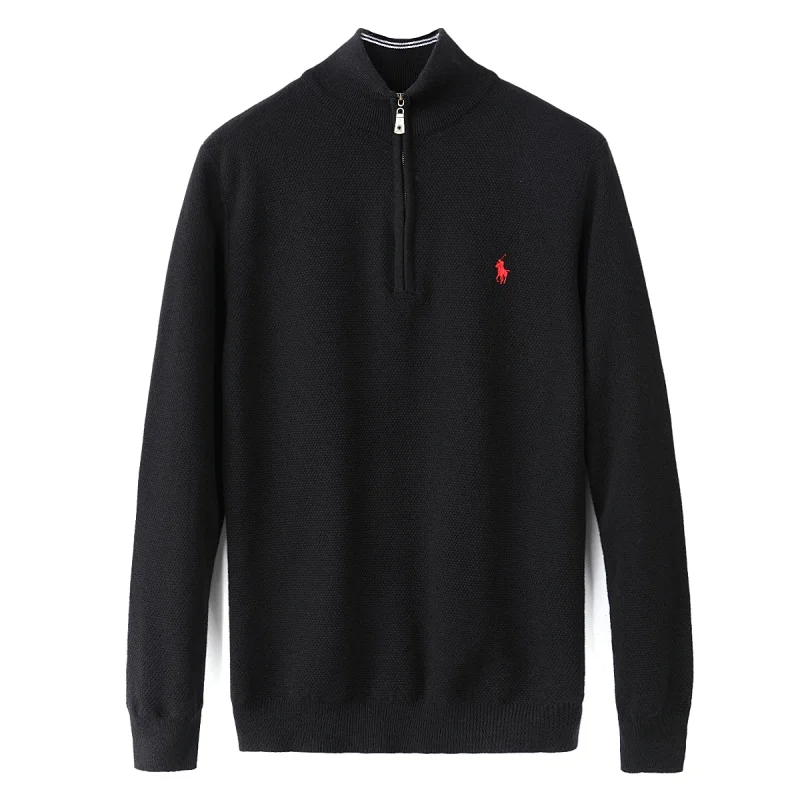 Men's Black Half-Zip Knit Sweater with Red Pony Logo