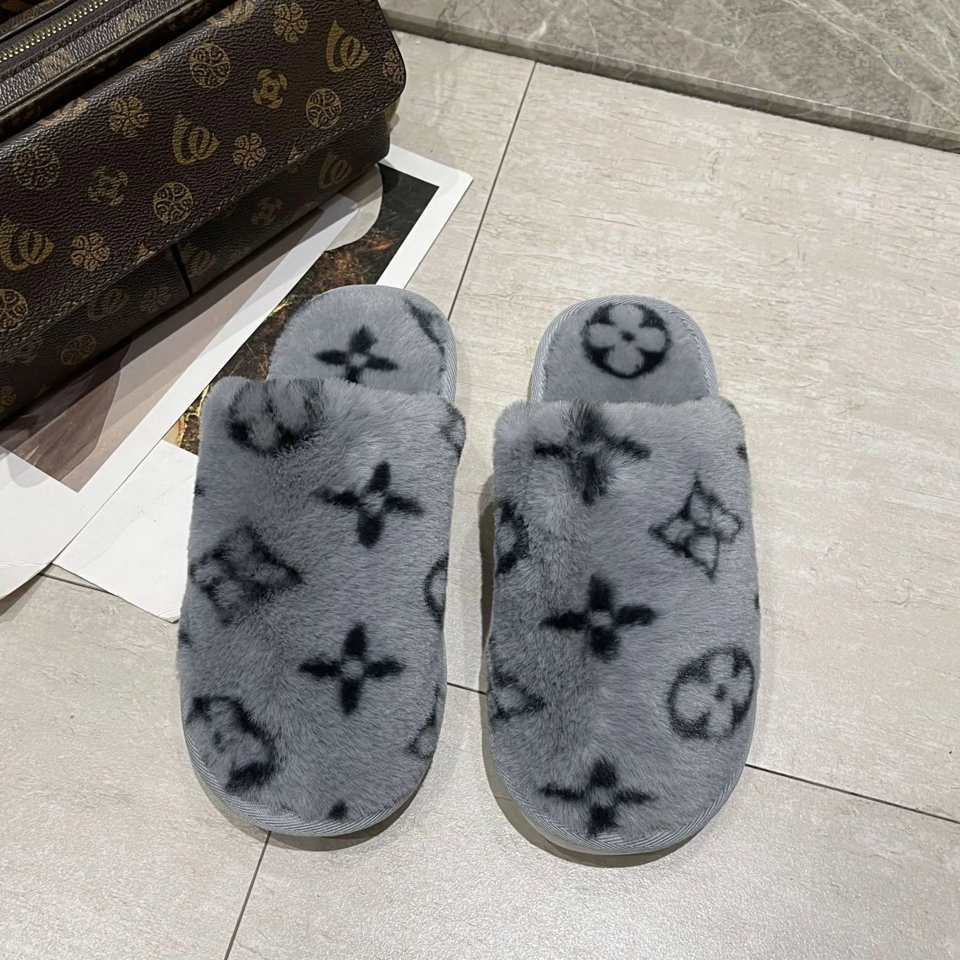 Luxury Gray Faux Fur Slippers with Monogram Pattern