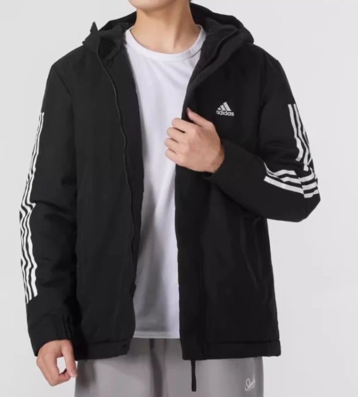 Adidas Black Hooded Jacket with White Stripes