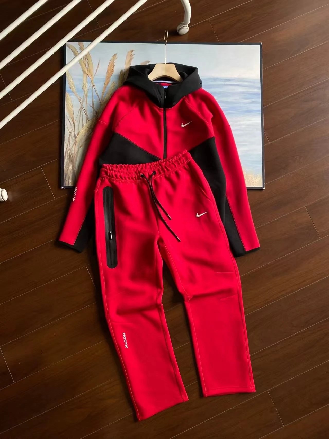 Nike Red and Black Hoodie and Pants Set for Men Women
