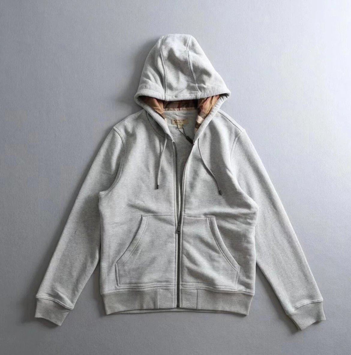 Light Gray Zip-Up Hoodie with Check Lining