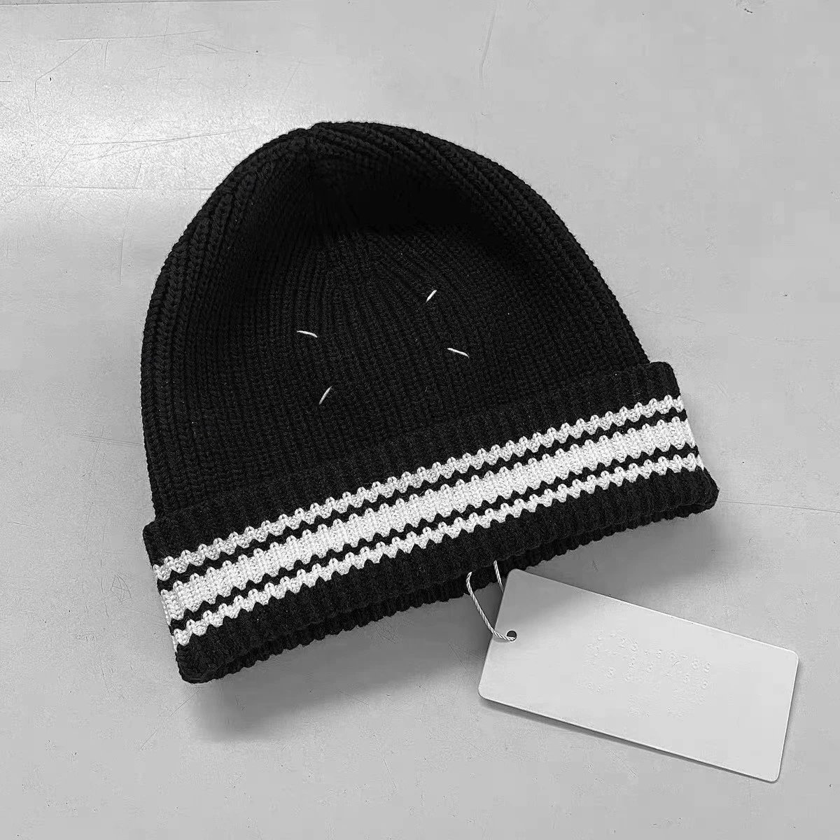 Black Knit Beanie Hat with White Stripes