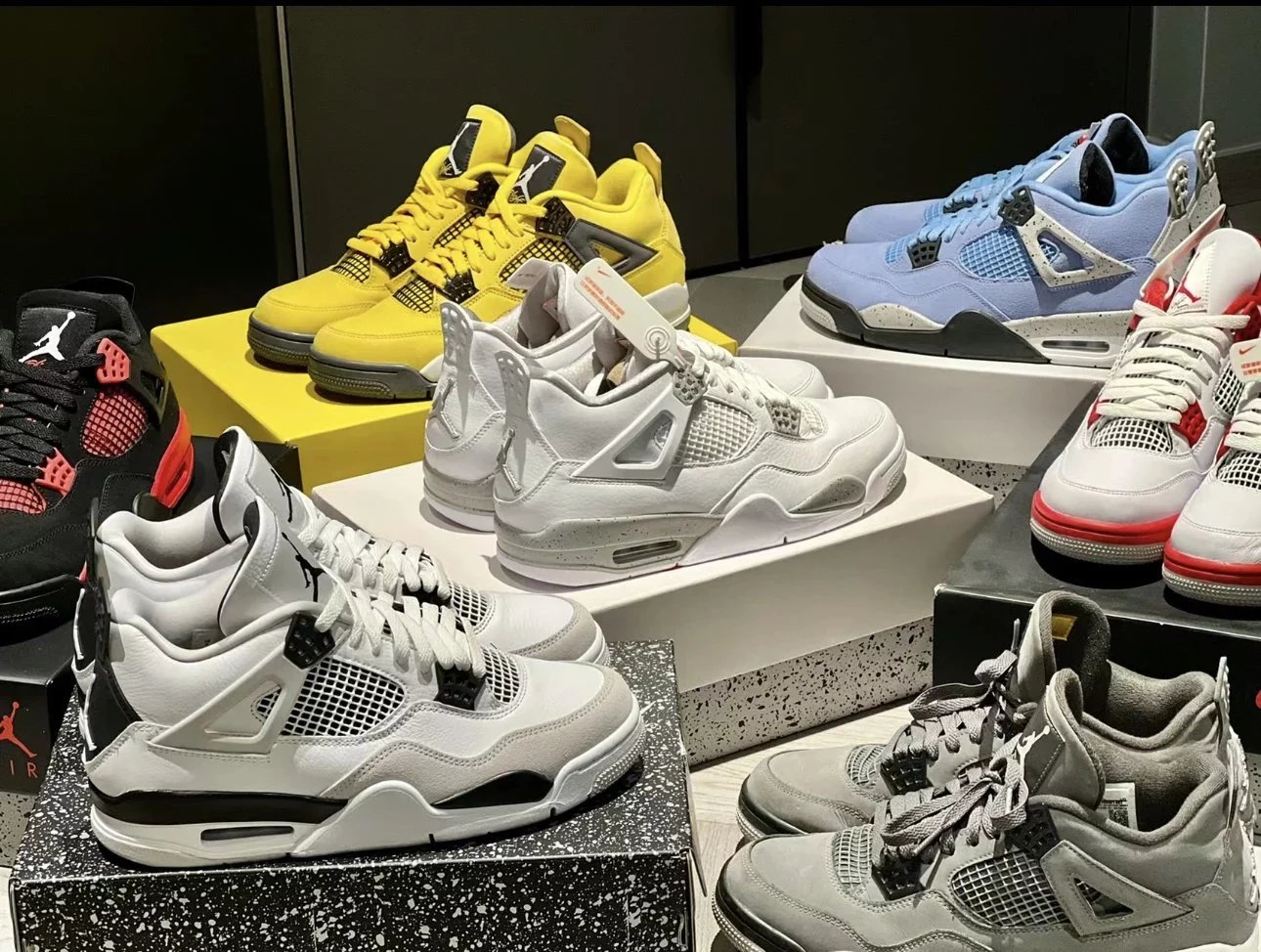 Air Jordan 4 Sneakers - White, Black, Yellow, Blue, Red, Grey