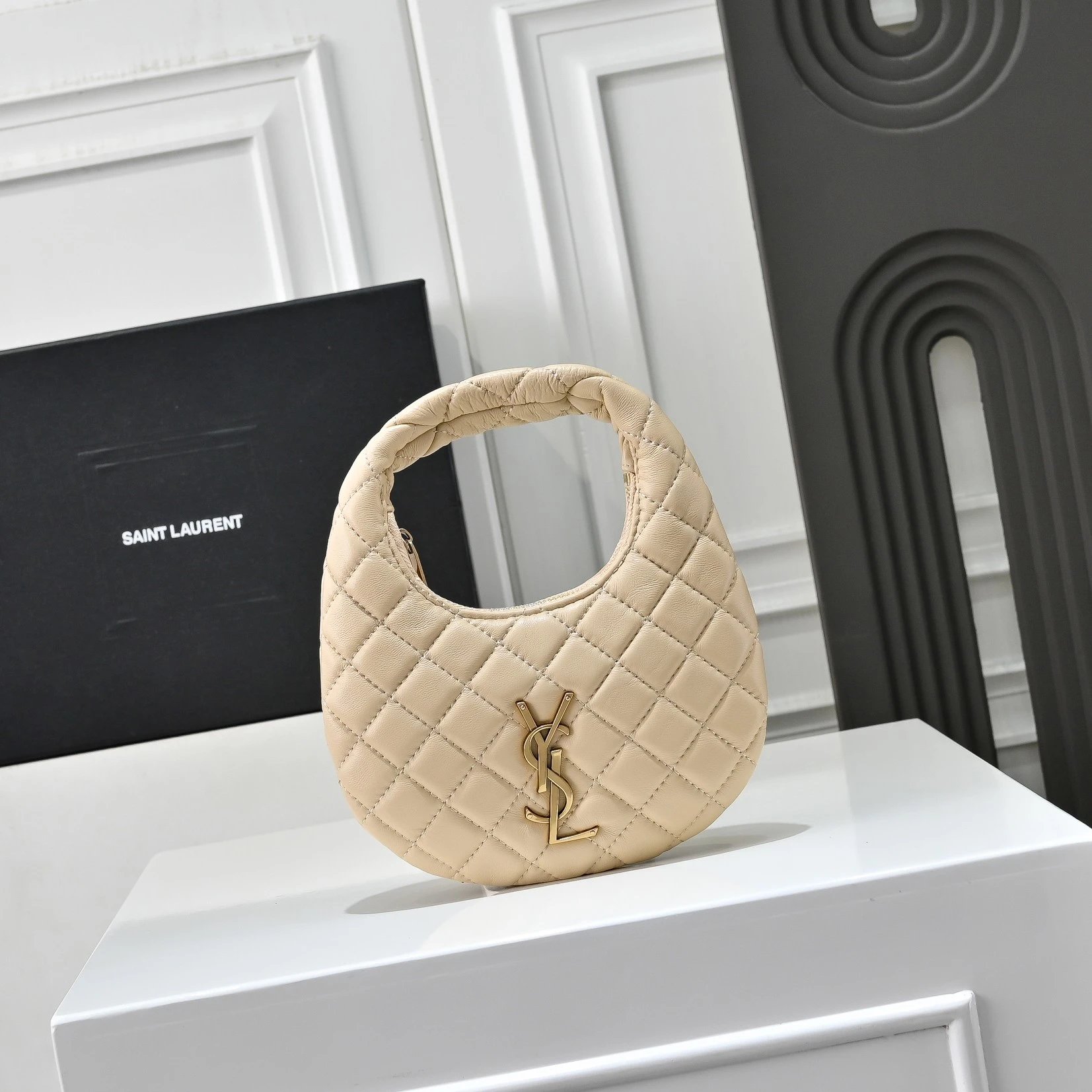 Saint Laurent Quilted Beige Hobo Bag with YSL Logo