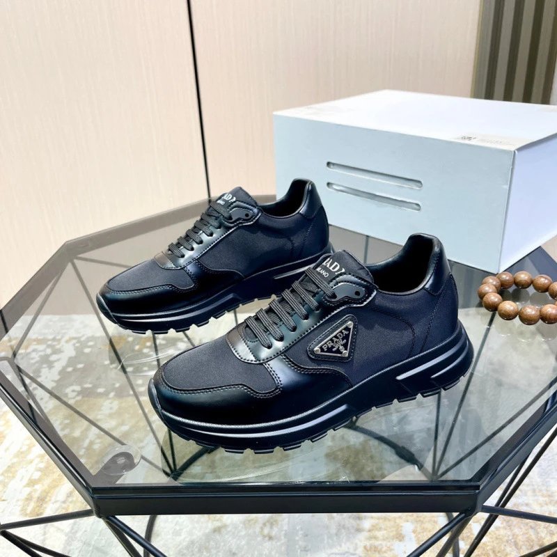 Prada Black Leather Sneakers Men's Fashion Sport Shoes