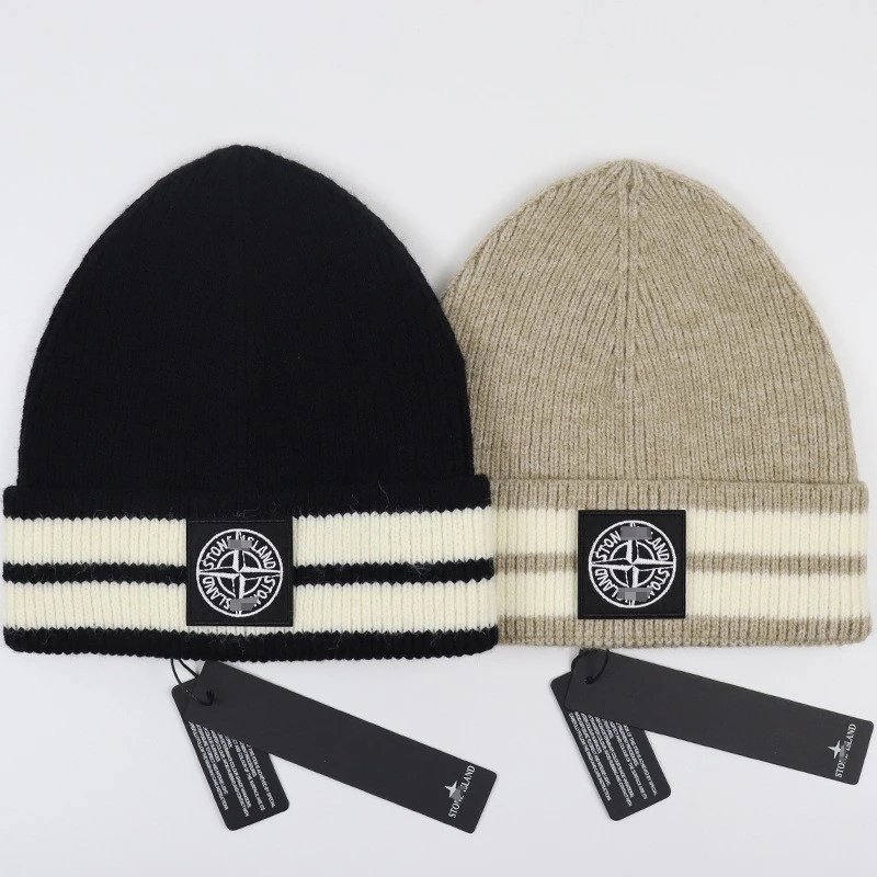 Stone Island Beanie Hat with Logo Patch and Stripes