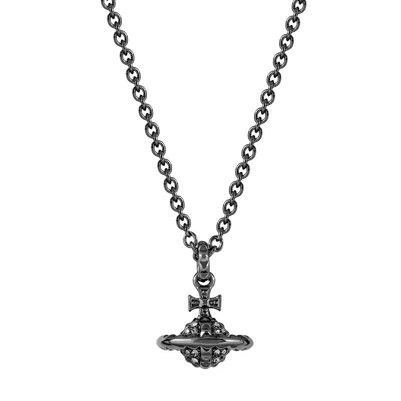 Black Rhodium Plated Saturn Pendant Necklace with Cross Charm