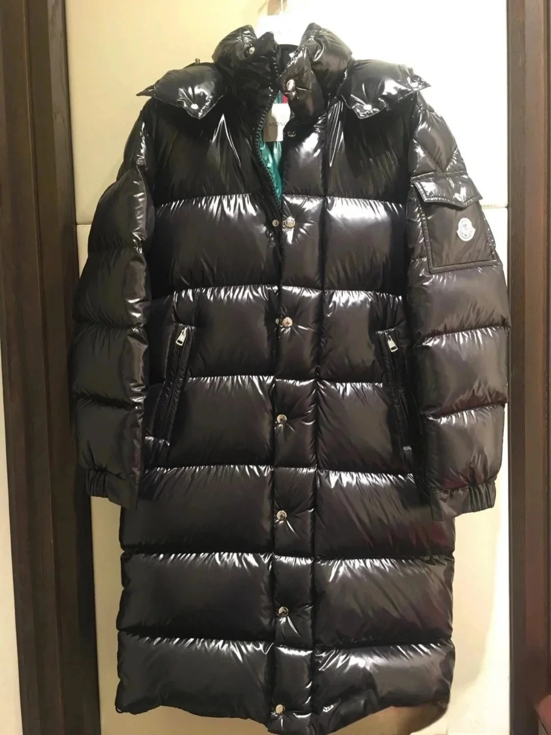 Moncler Black Long Down Jacket with Hood and Zip Pockets