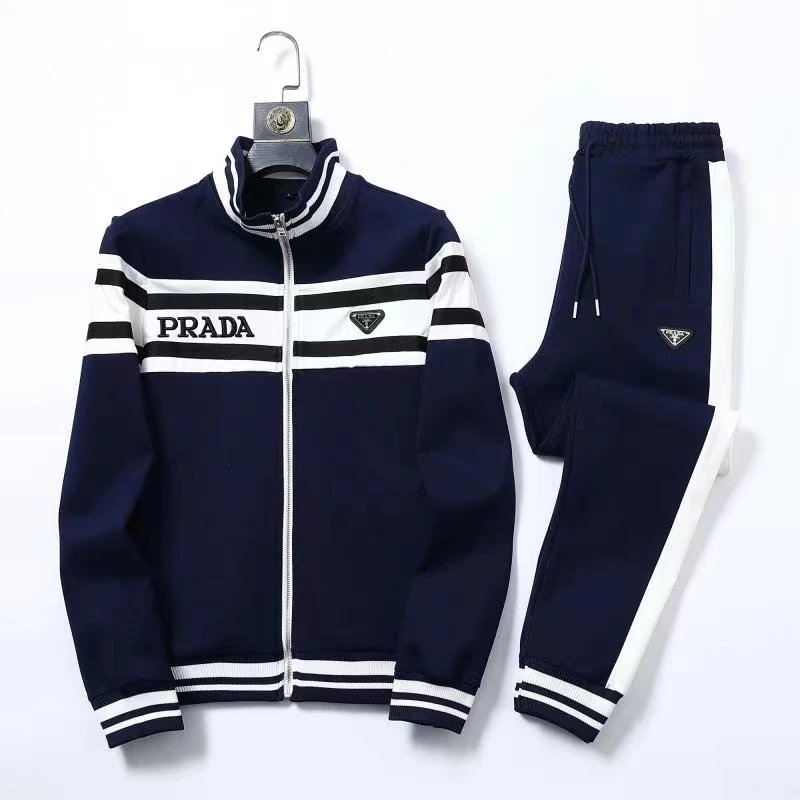 Prada Navy Blue Track Suit Set with White Stripes