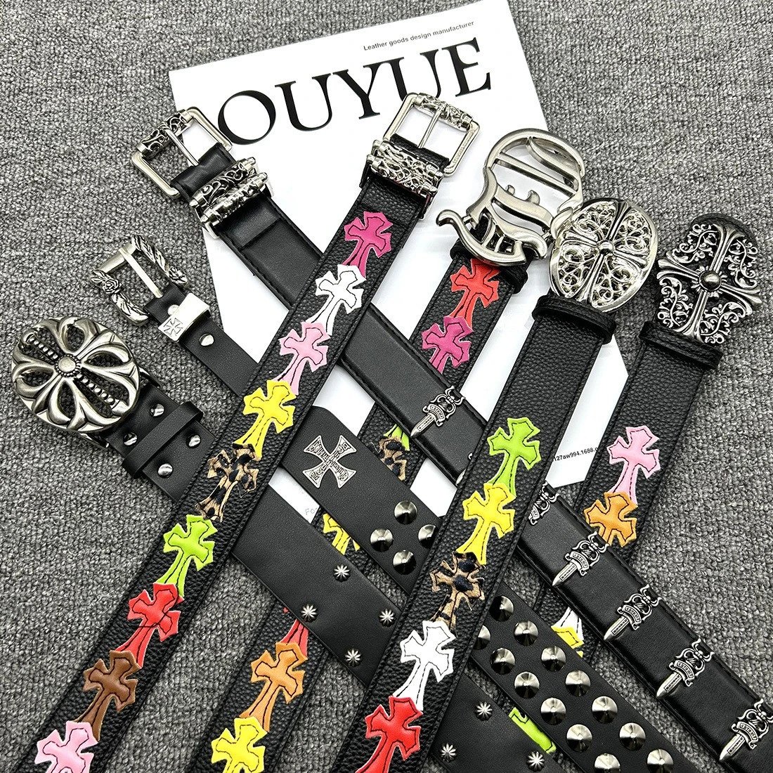 Gothic Cross Pattern Leather Belt with Metal Buckle for Men and Women
