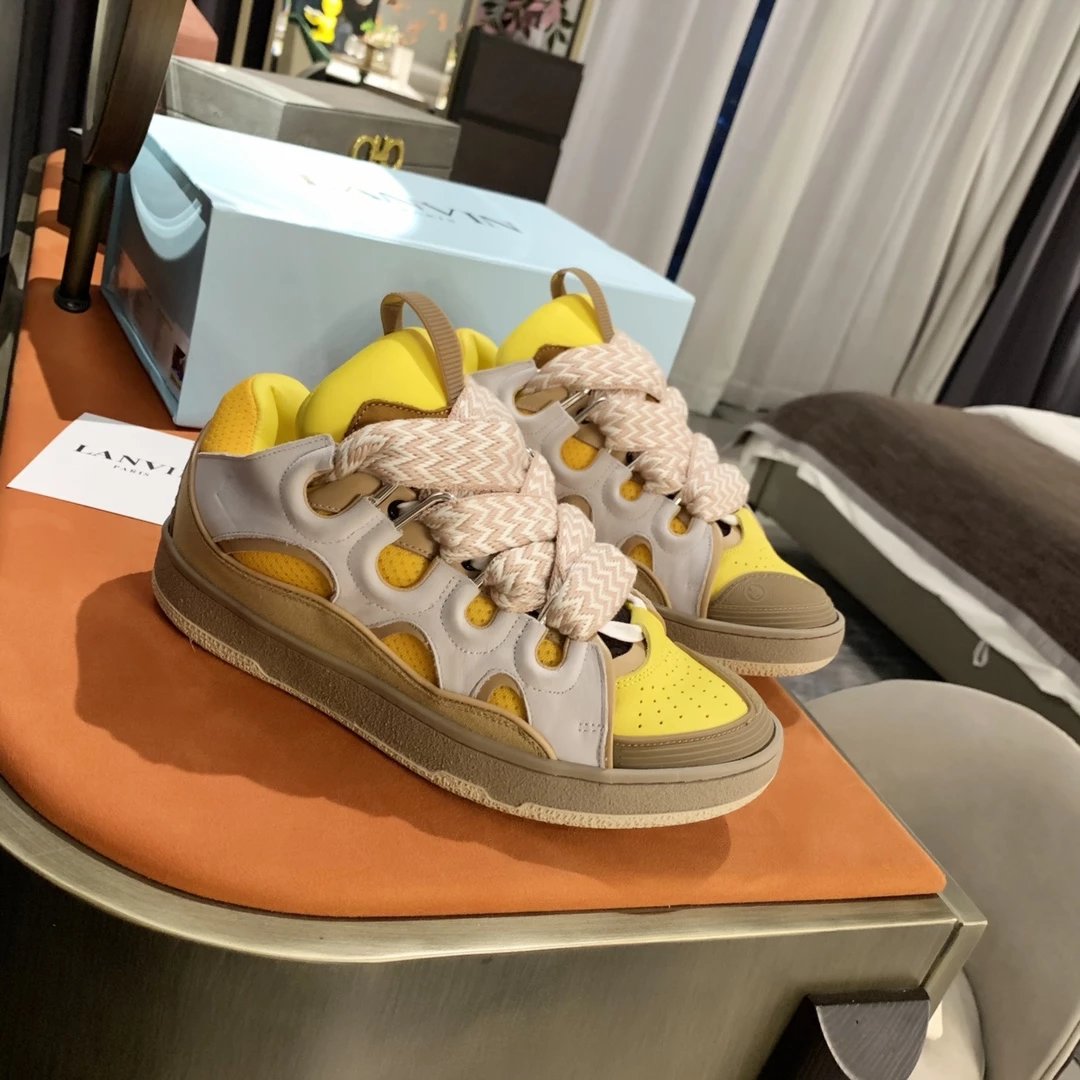 LANVIN Yellow and Beige Leather Sneakers with Braided Laces