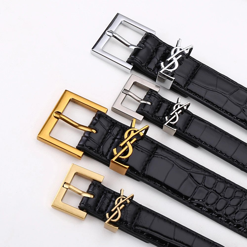 Saint Laurent Crocodile Pattern Leather Belt with Logo Buckle