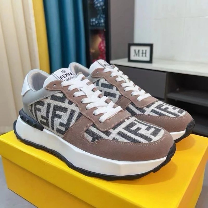 FENDI Men's Logo Print Sneakers Brown White