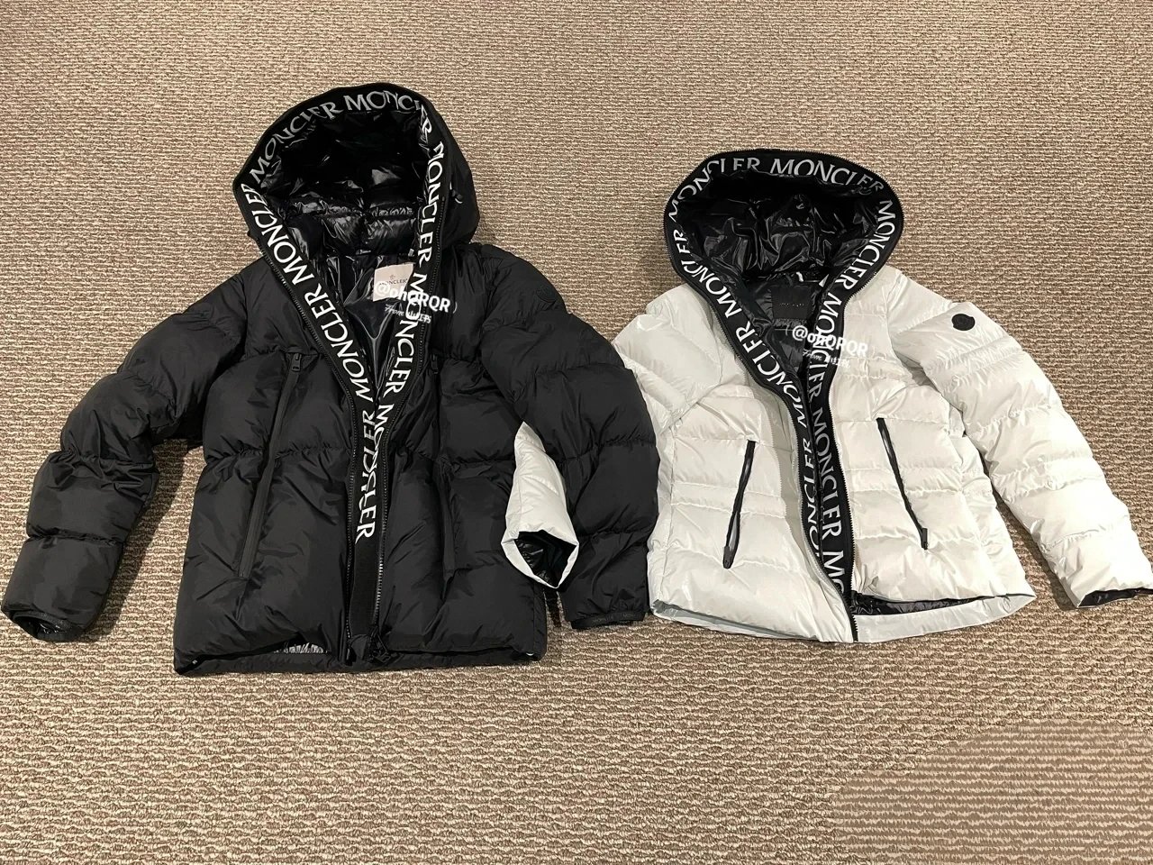 Moncler Down Jacket for Women Black and White Hooded Winter Coat
