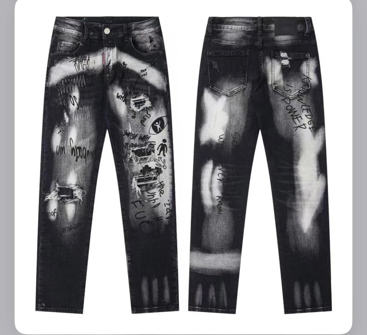 Balmain Graffiti Print Ripped Black Jeans for Men