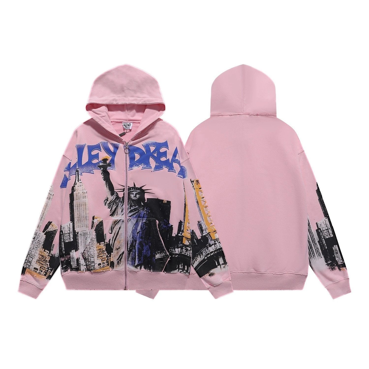 Pink Zip-Up Hoodie with Statue of Liberty Print