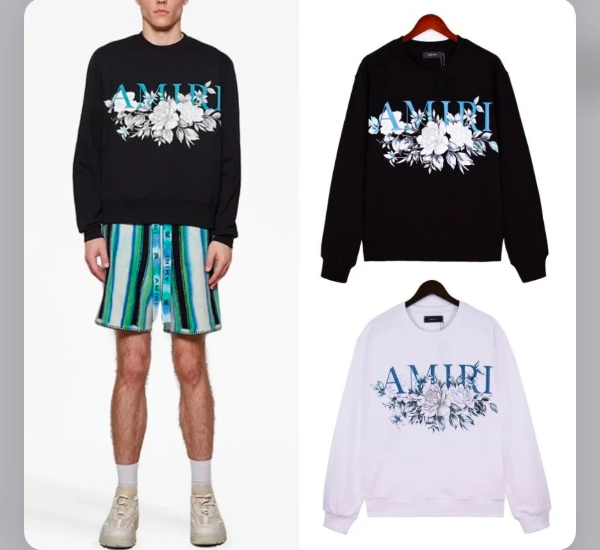 AMIRI Floral Logo Crewneck Sweatshirt Black White