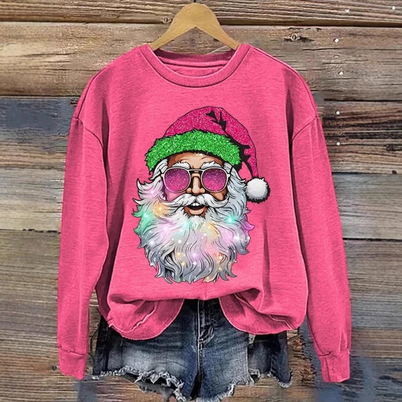 Pink Santa Claus Sweatshirt with Glitter Hat and Sunglasses