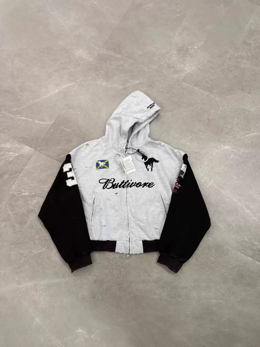 Buttivore Hoodie Gray Black Sleeve Zip Up Jacket