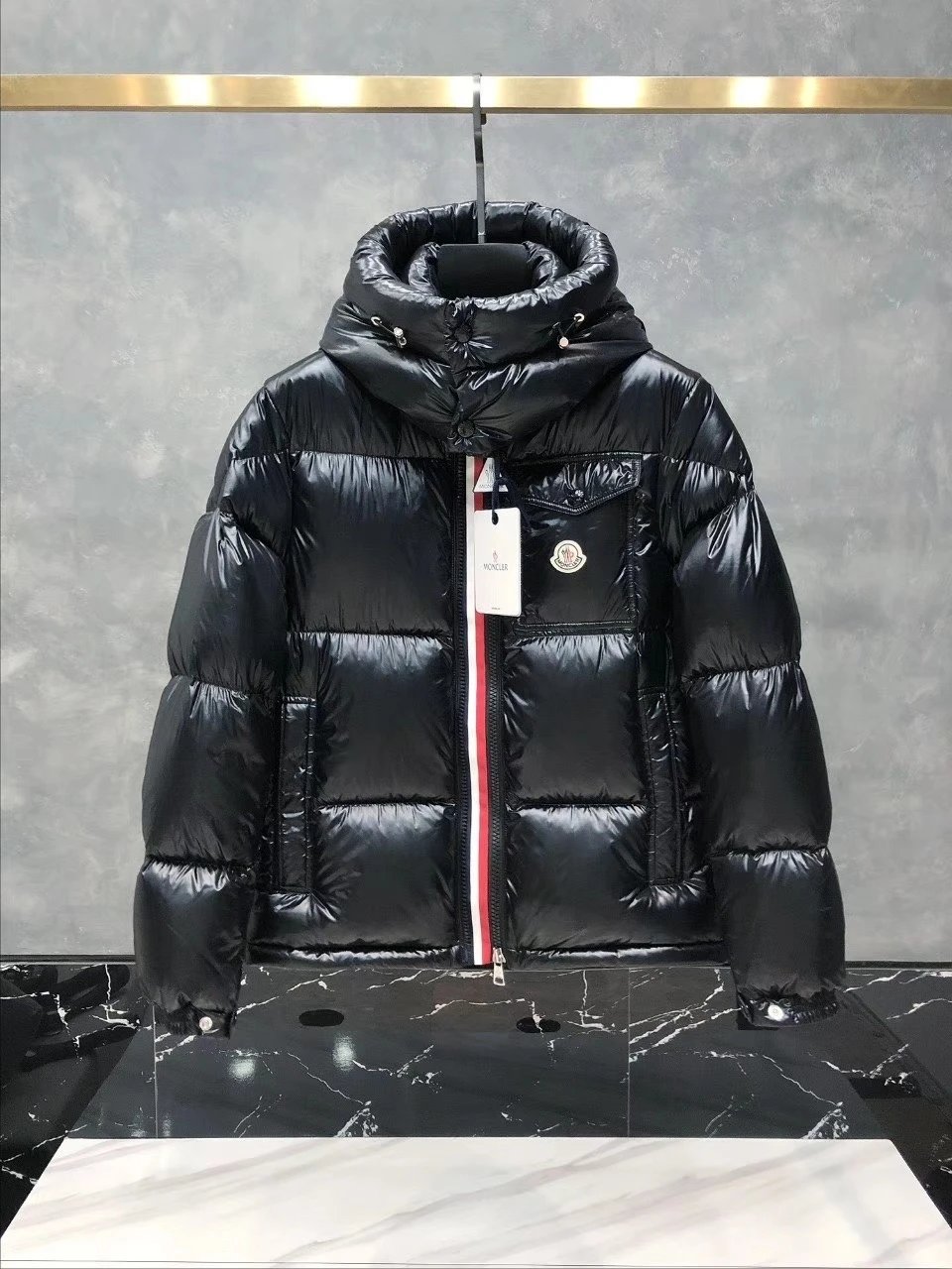 Moncler Black Down Jacket with Hood and Red White Stripe