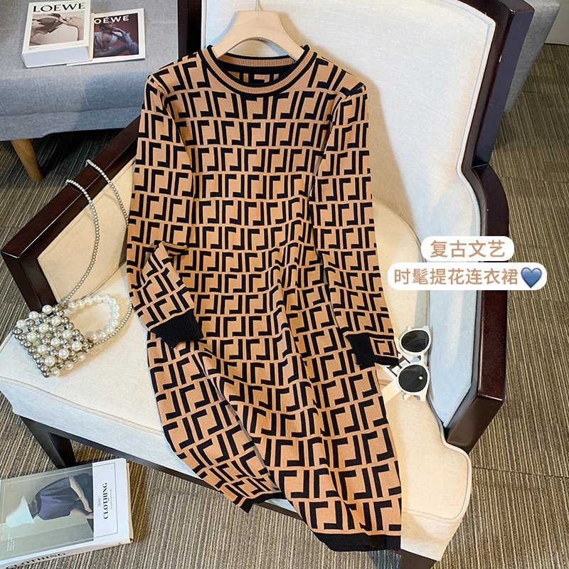 Retro Pattern Knit Dress Women's Long Sleeve Casual Midi Dress
