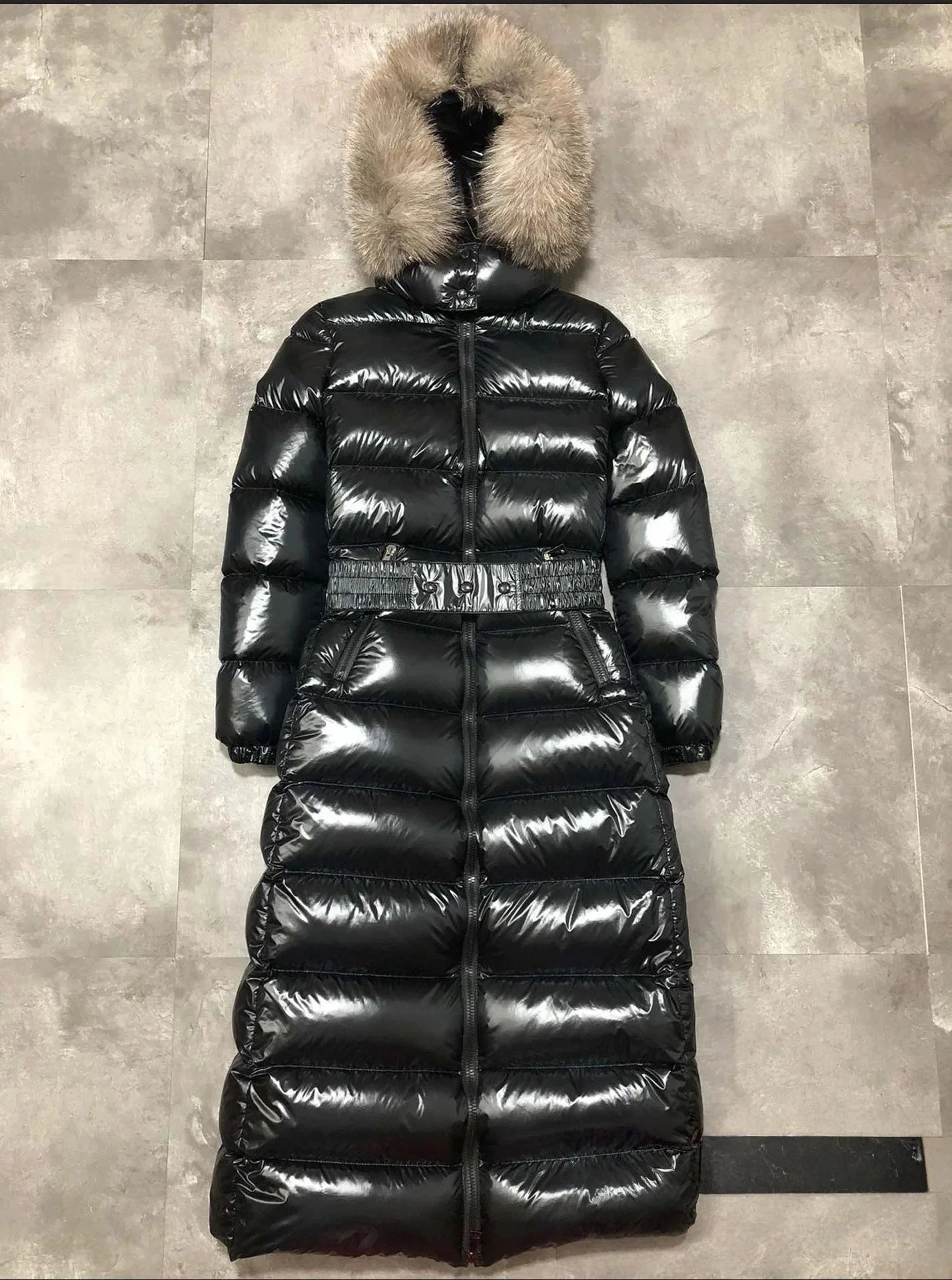 Moncler Black Long Down Coat with Fur Hood