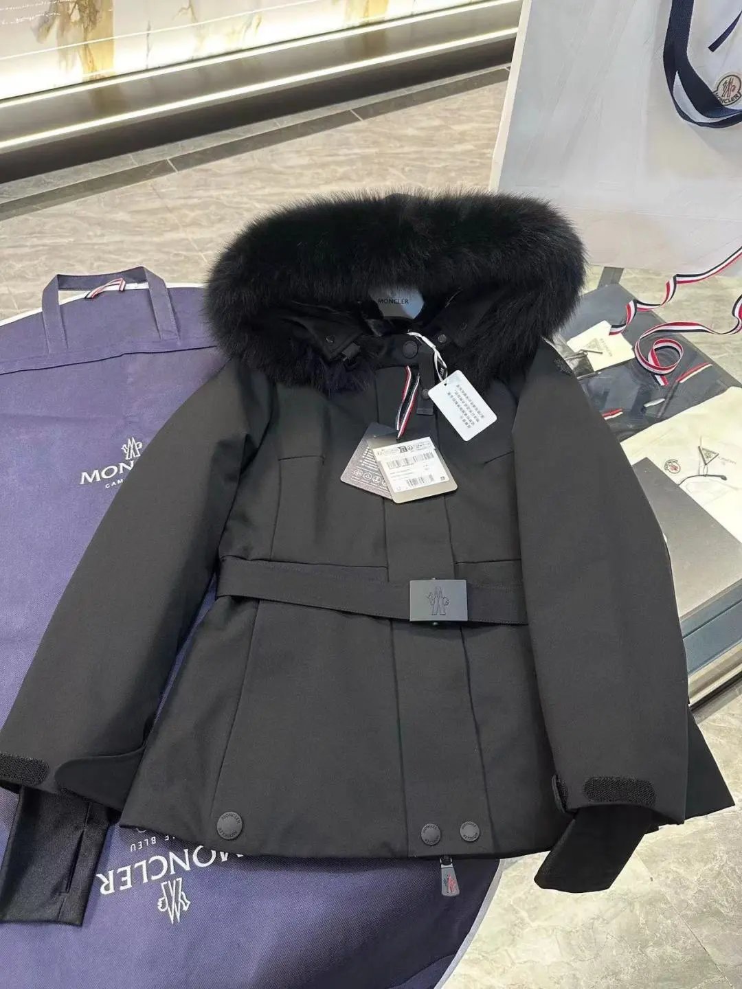 Moncler Women's Black Down Jacket with Fur Hood