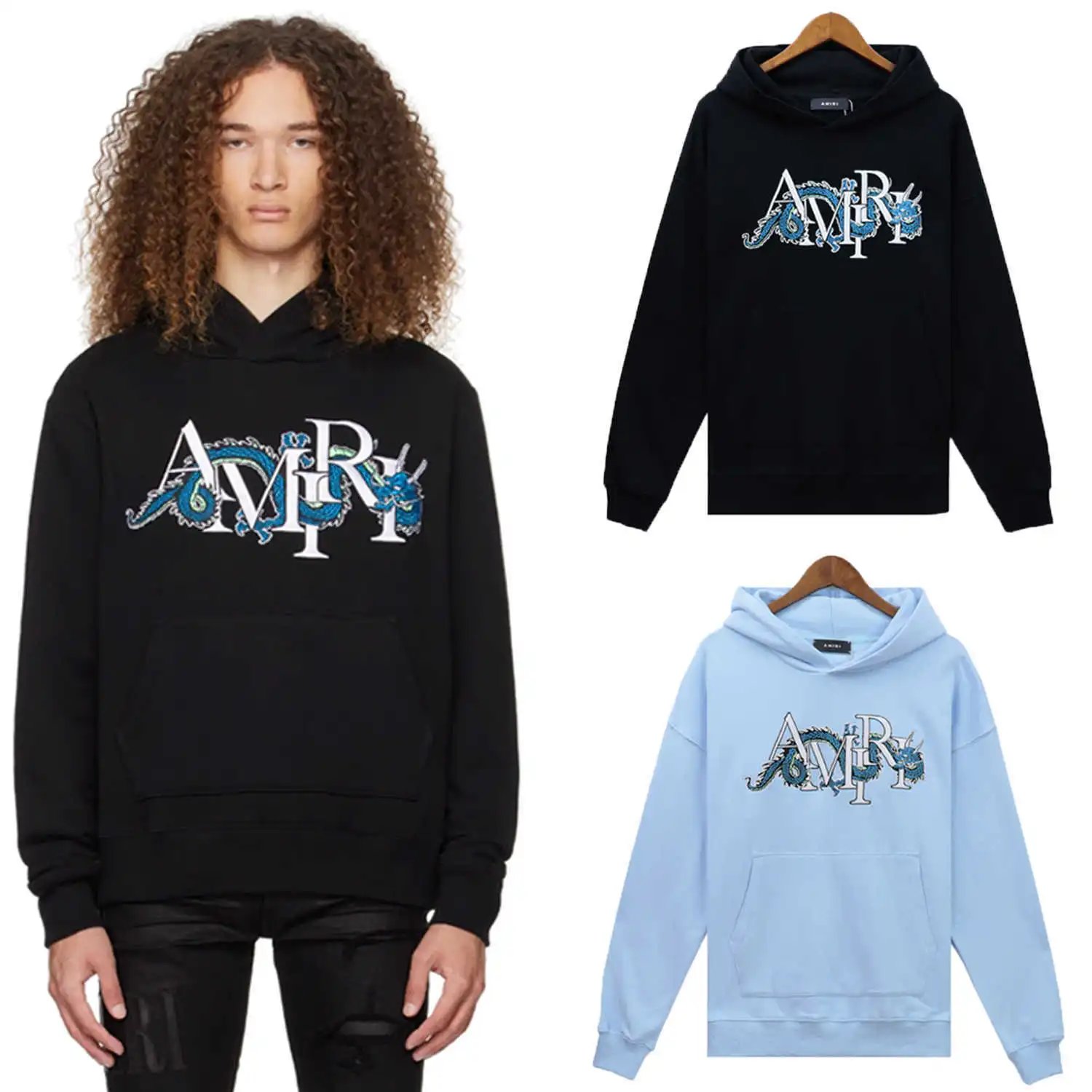 AMIRI Dragon Logo Hoodie Black and Light Blue Sweatshirt