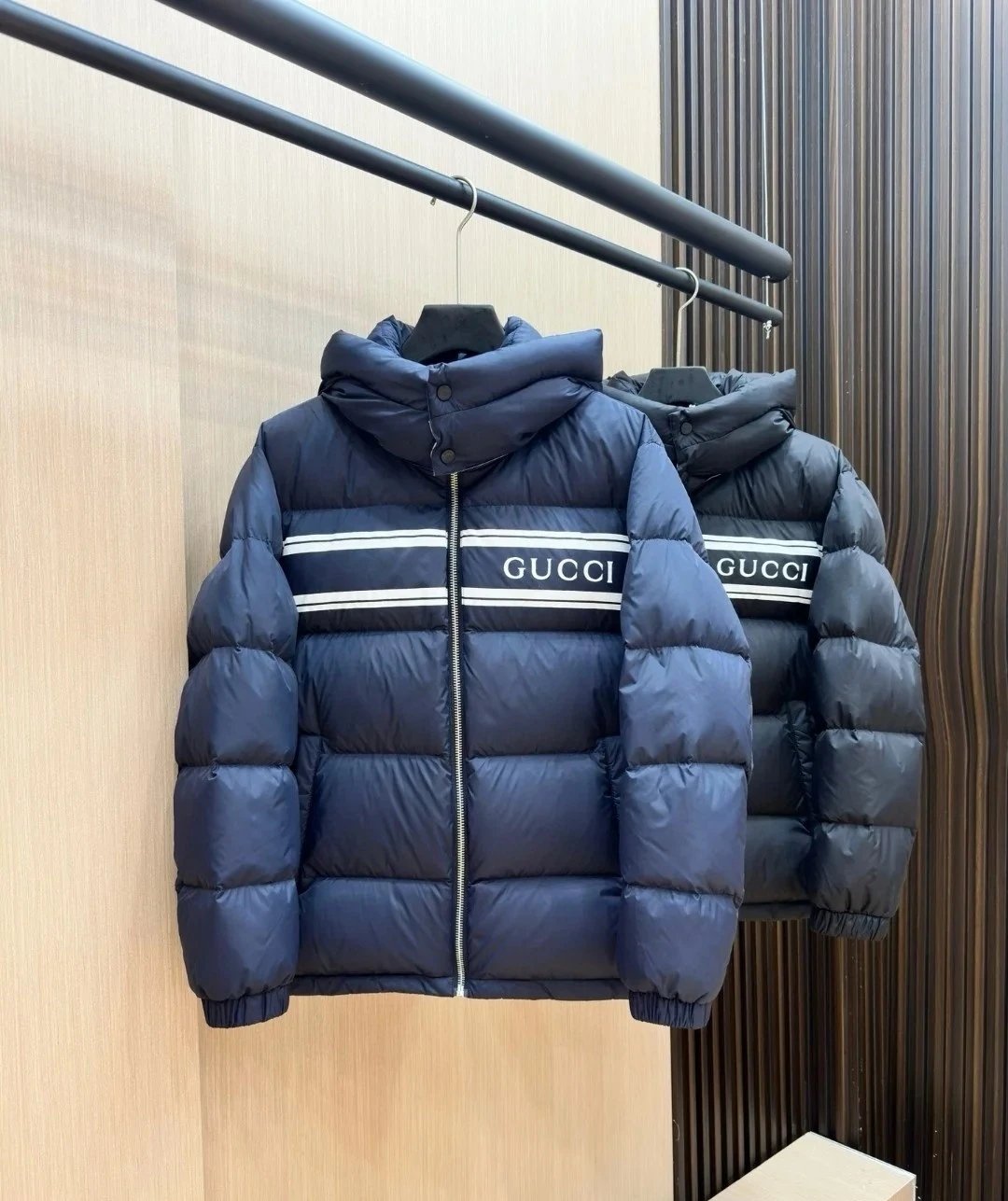 Gucci Navy Blue Down Jacket with Logo Stripe