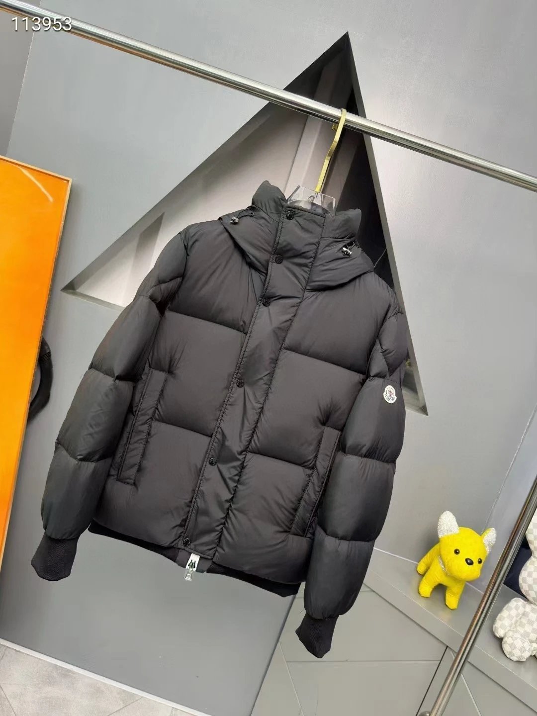 Moncler Black Down Jacket with Hood and Logo Patch