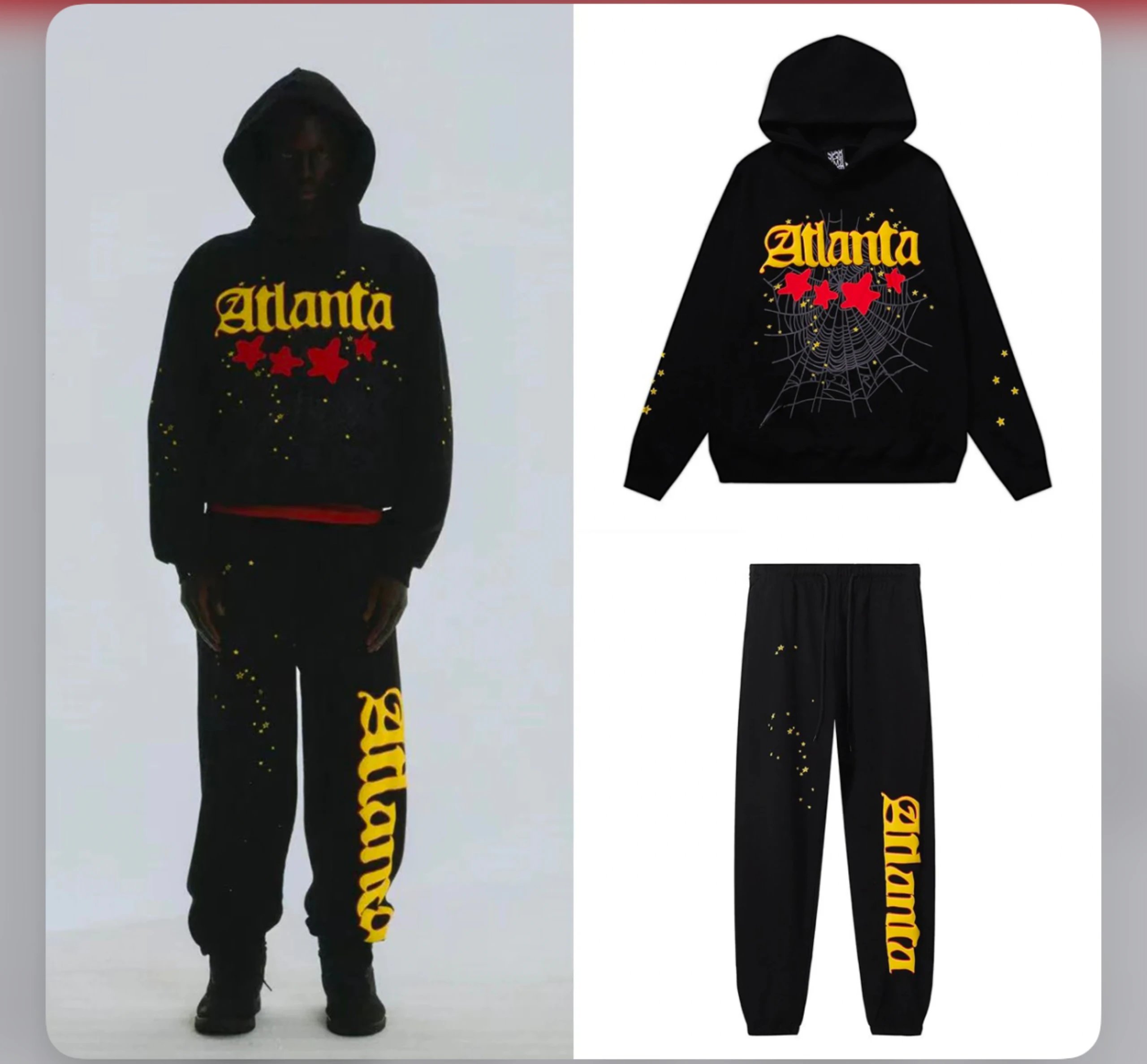 Atlanta Hoodie and Pants Set Black Yellow Red Stars Design