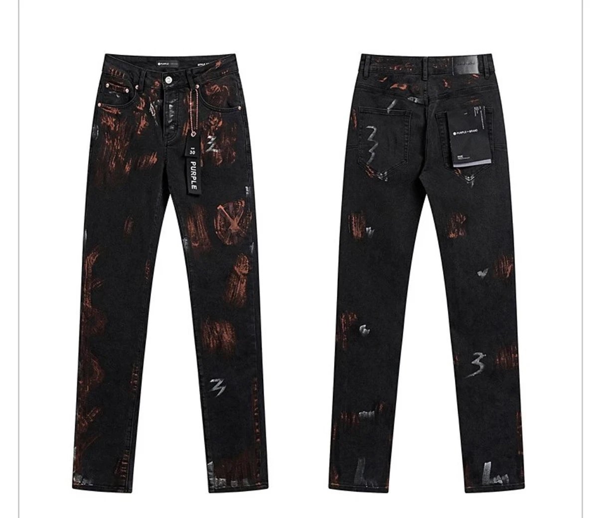 18 PURPLE Black Distressed Denim Jeans with Red Paint Splatter Design