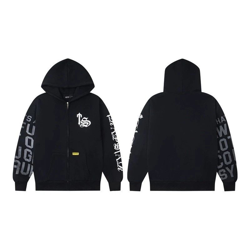 1S Black Zip-Up Hoodie with Sleeve Print Design