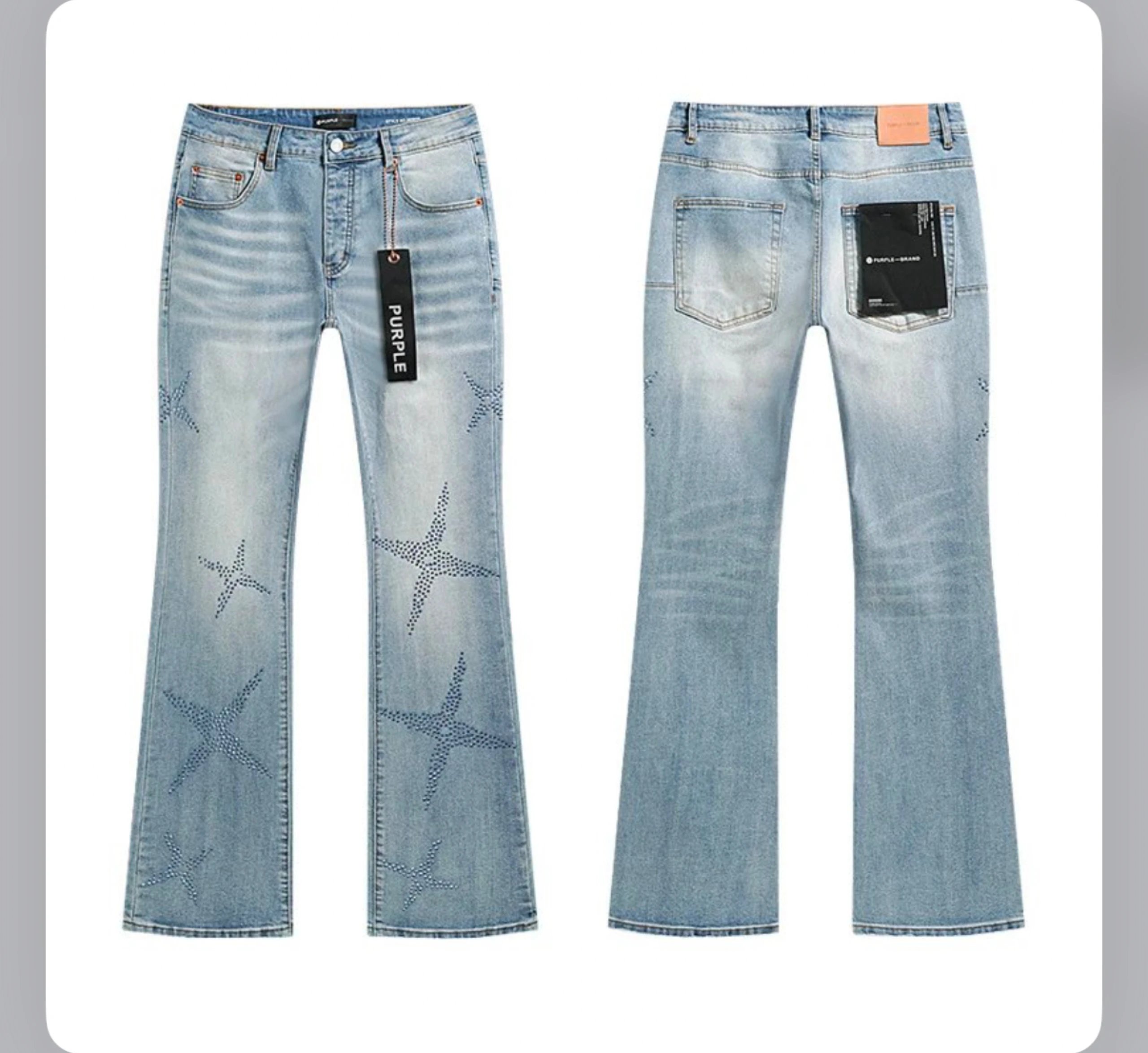 Star Embroidered Light Blue Flared Jeans for Women