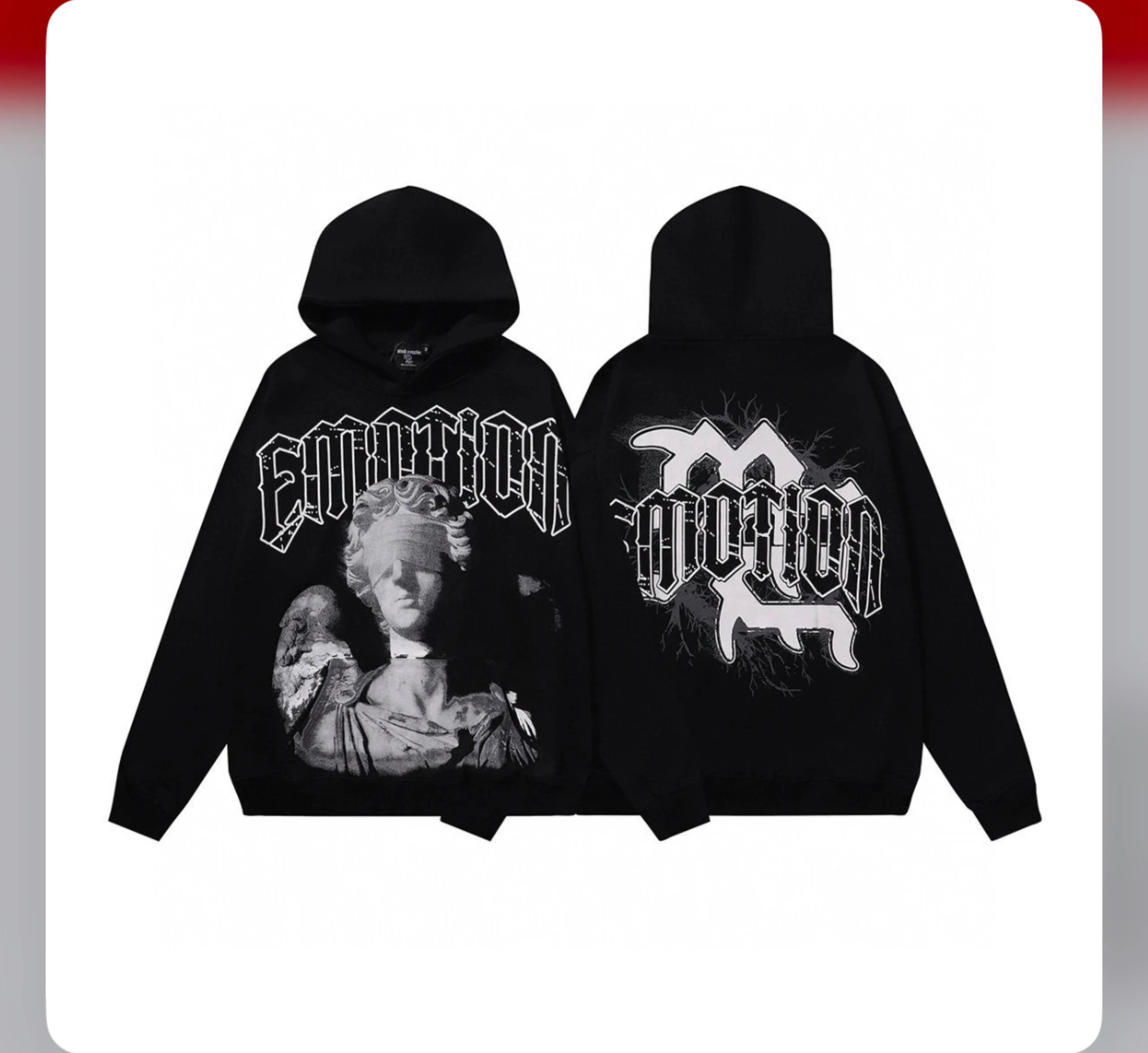 EMOTION Black Hoodie with Angel Statue and Gothic Logo Design