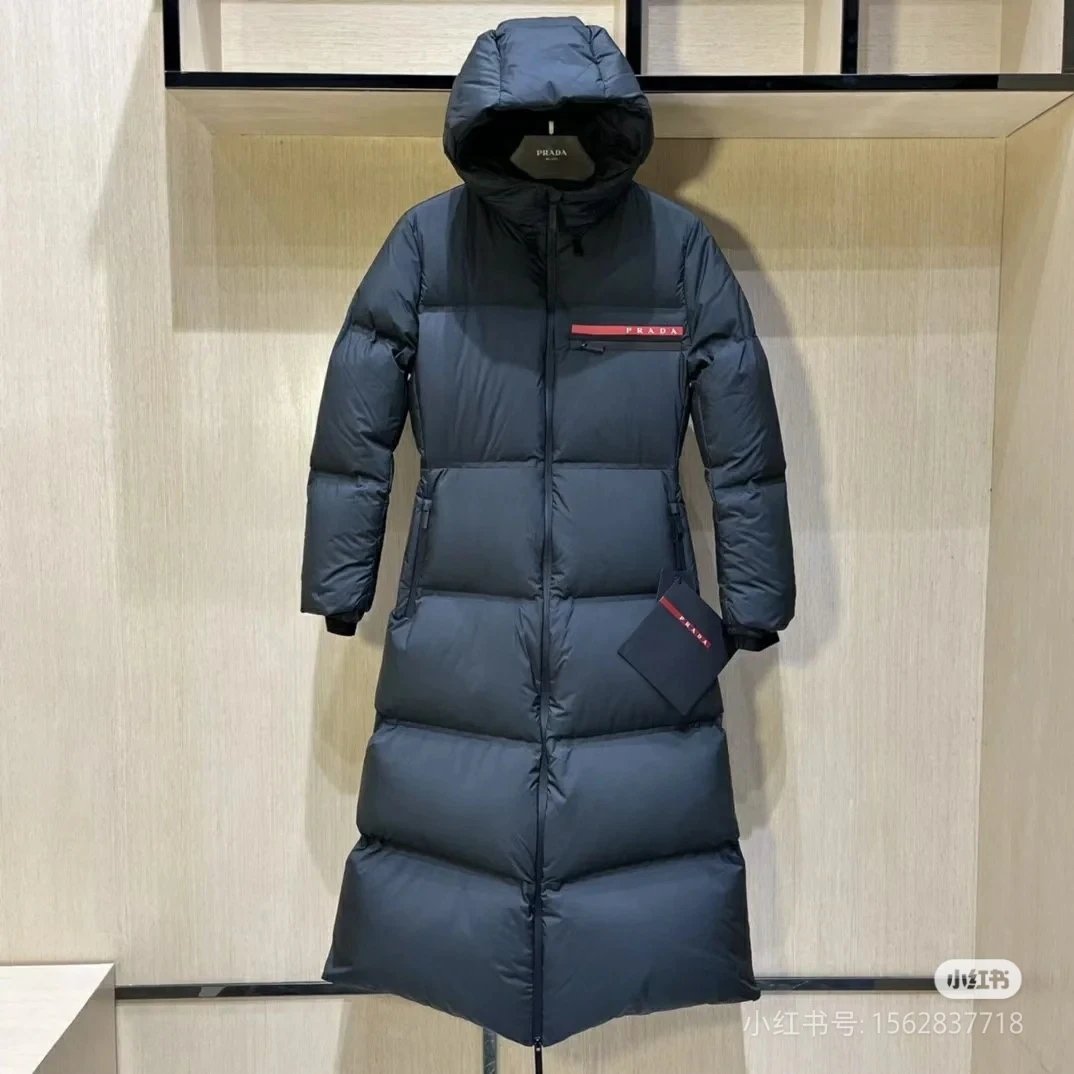 Prada Long Down Coat with Hood and Logo Patch
