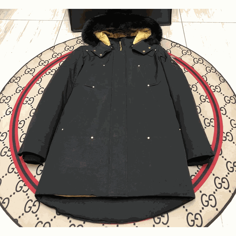Black Winter Parka with Fur Hood and Gold Lining
