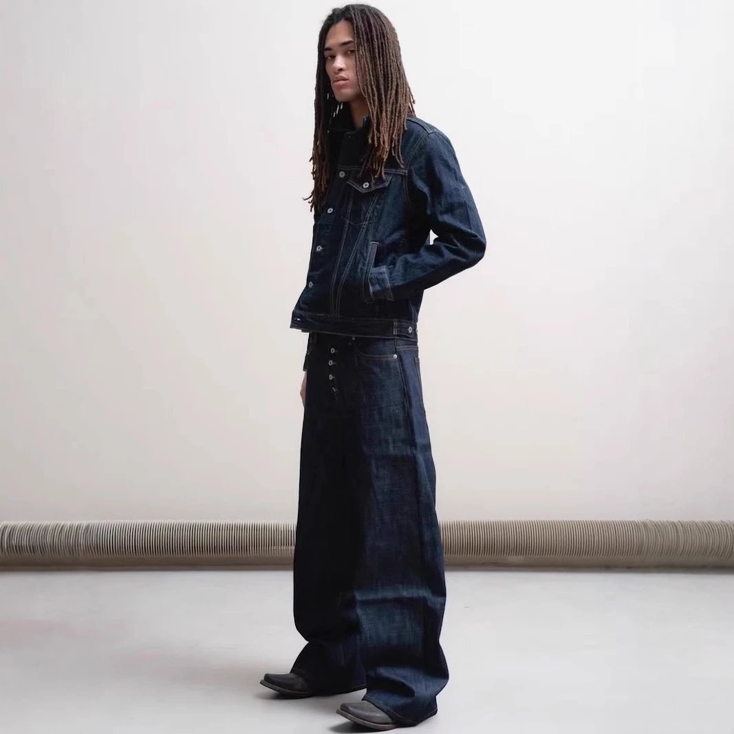 Men's Dark Blue Denim Jacket and Wide Leg Jeans Set