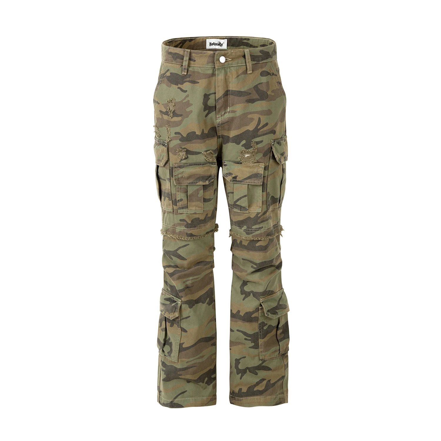 Camouflage Cargo Pants with Distressed Details