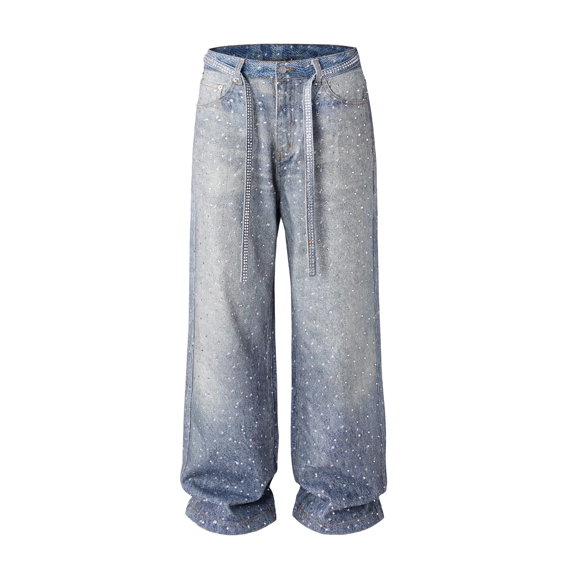 Studded Wide Leg Denim Pants Women High Waist Fashion Jeans