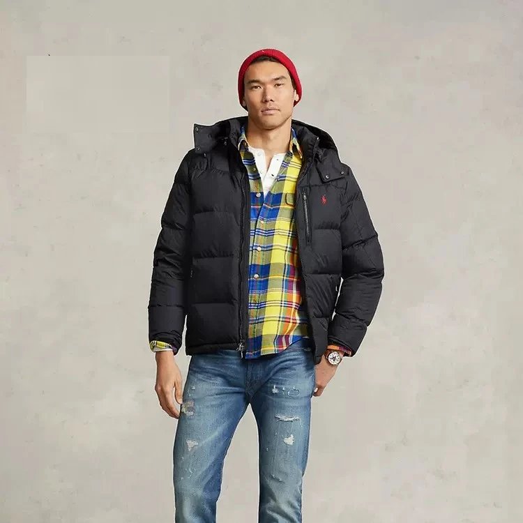 Men's Black Puffer Jacket with Hood and Logo
