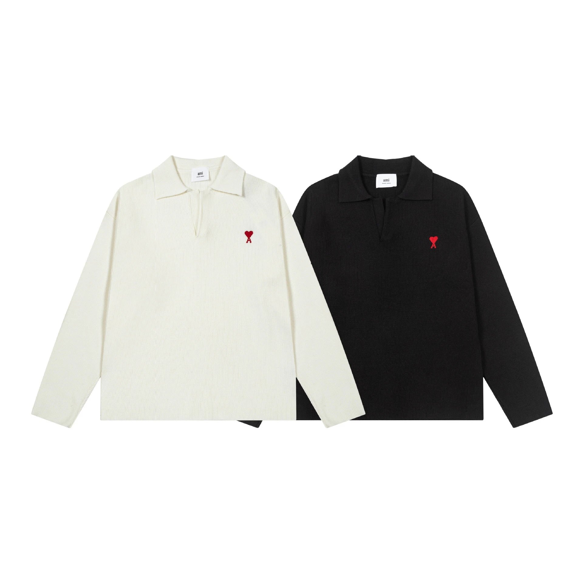 Long Sleeve Ribbed Polo Shirt in Black and White