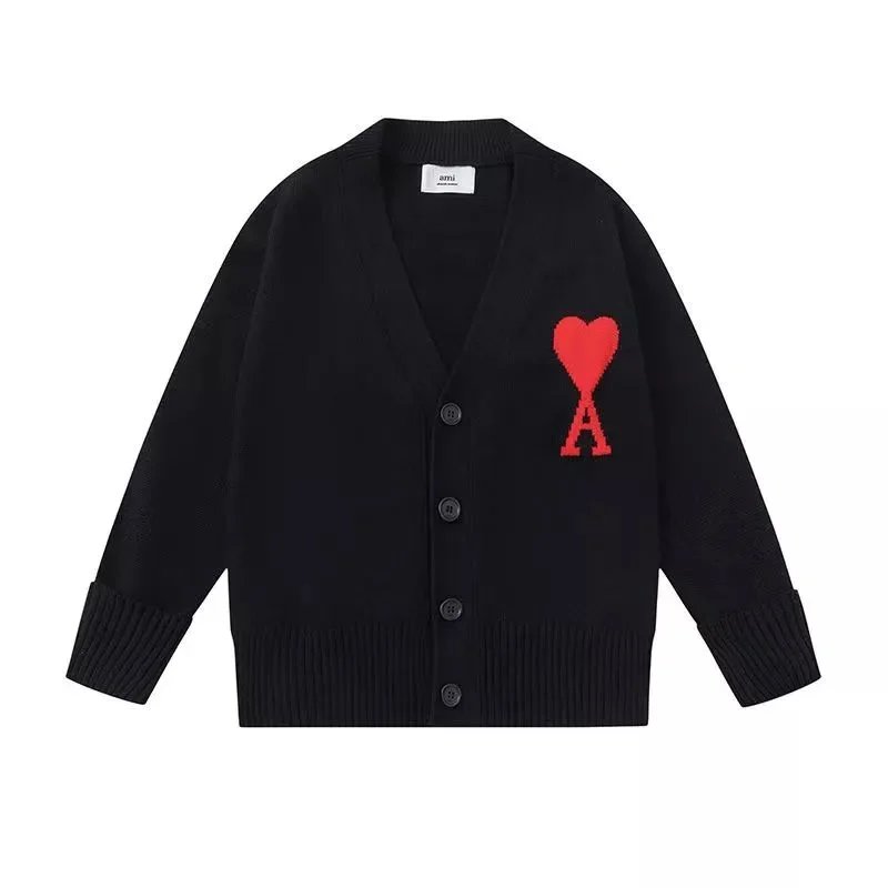 AMI Black Cardigan with Red Heart A Logo