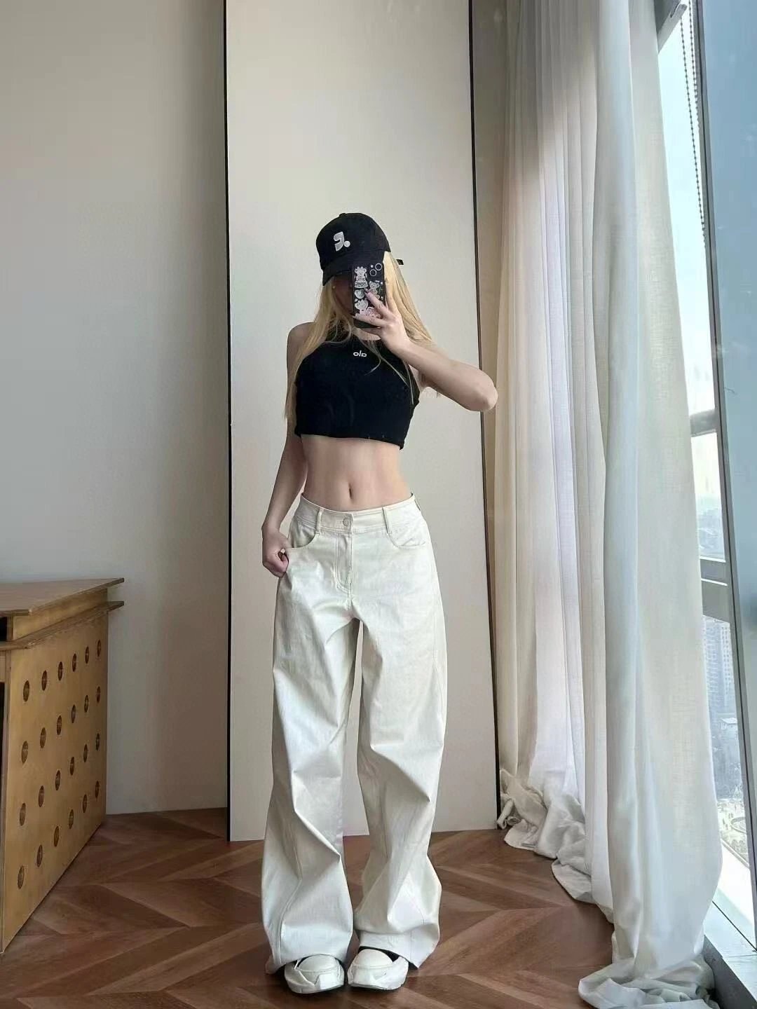 White Wide Leg Pants Women High Waist Casual Loose Fit Denim Trousers
